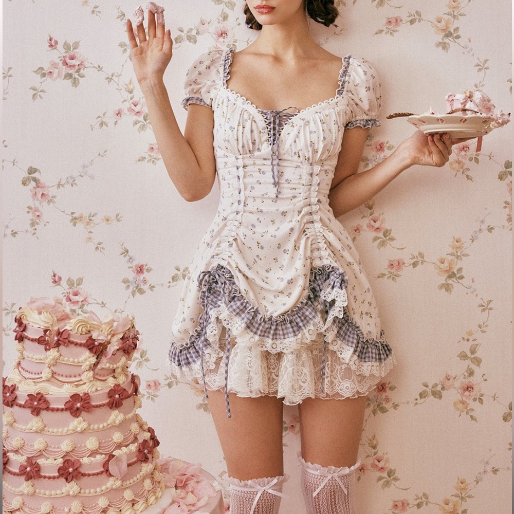 White and Blue Ruffled Babydoll Mini Dress